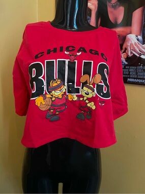 NBA x Garfield Chicago Bulls Cropped Graphic Tee Shirt Red Boxy XL
